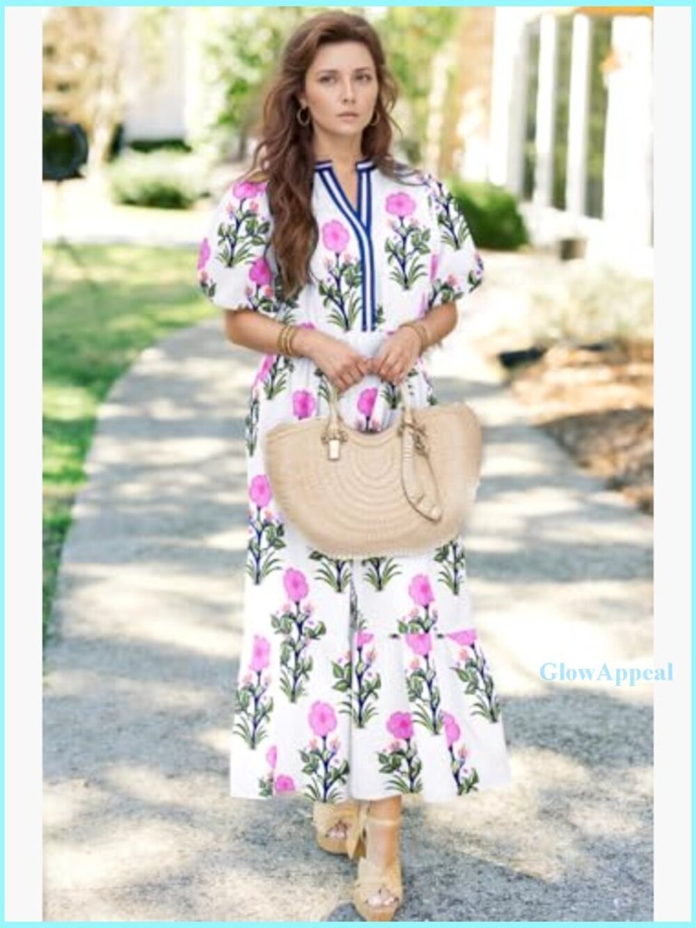 Long Maxi Dress with Puff Sleeves and V-Neck, High Waist Flowy Summer Casual - Picture 3 of 5